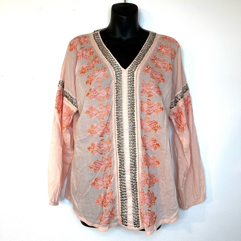 Sundance Womens Tunic Blouse XS Peach Emroidered Embellished Cotton Boho Hippie